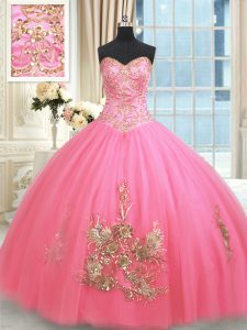 Tulle Sweetheart Sleeveless Lace Up Beading and Appliques and Embroidery 15th Birthday Dress in Rose Pink