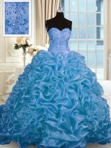 Lace Up Ball Gown Prom Dress Blue for Military Ball and Sweet 16 and Quinceanera with Beading and Pick Ups Sweep Train