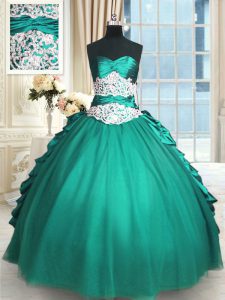 On Sale Turquoise Sleeveless Beading and Lace and Appliques and Ruching Floor Length 15 Quinceanera Dress