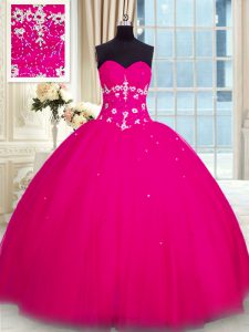Beauteous Sleeveless Tulle Floor Length Lace Up Sweet 16 Dress in Fuchsia with Beading