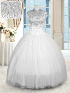 Inexpensive Floor Length Ball Gowns Sleeveless White Sweet 16 Dresses Zipper