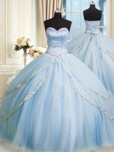 Pretty With Train Baby Blue 15 Quinceanera Dress Organza Court Train Sleeveless Beading and Appliques