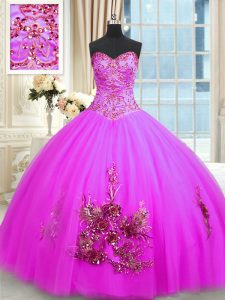 Fuchsia Lace Up Sweetheart Beading and Appliques and Embroidery Quinceanera Dresses Tulle Sleeveless