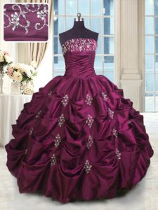 Most Popular Burgundy Strapless Neckline Beading and Appliques and Embroidery and Pick Ups Sweet 16 Dresses Sleeveless Lace Up