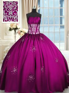 Flirting Sleeveless Floor Length Beading and Appliques and Ruching Lace Up Vestidos de Quinceanera with Fuchsia