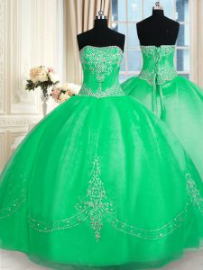 Designer Beading and Embroidery 15th Birthday Dress Green Lace Up Sleeveless Floor Length