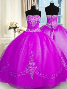 Purple Organza Lace Up Quinceanera Dresses Sleeveless Floor Length Beading and Embroidery