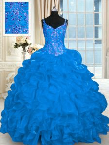 Free and Easy Blue Quinceanera Dresses Organza Brush Train Sleeveless Beading and Embroidery and Ruffles and Pick Ups