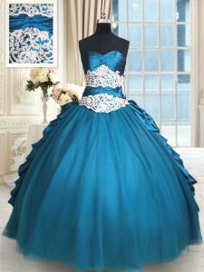 Sumptuous Teal Sleeveless Floor Length Beading and Lace and Appliques and Ruching Lace Up Quinceanera Dress