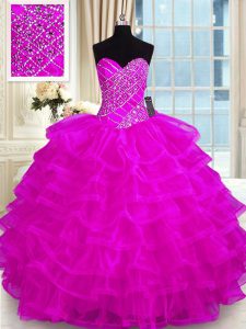 Unique Fuchsia Organza Lace Up Sweetheart Sleeveless Floor Length 15 Quinceanera Dress Beading and Ruffled Layers