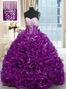 Simple Purple Organza Lace Up Quince Ball Gowns Sleeveless With Brush Train Beading and Ruffles
