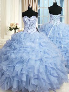 Light Blue Ball Gowns Organza Sweetheart Sleeveless Beading and Ruffles Floor Length Lace Up Quinceanera Gown