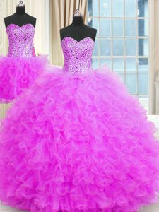 Three Piece Sleeveless Tulle Floor Length Lace Up Quinceanera Gowns in Lilac with Beading and Ruffles