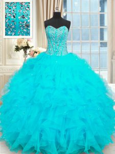 Flare Floor Length Baby Blue Quinceanera Dresses Organza Sleeveless Beading and Ruffles