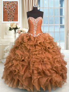 Adorable Brown Ball Gowns Organza Sweetheart Sleeveless Beading and Ruffles Floor Length Lace Up Quinceanera Gowns