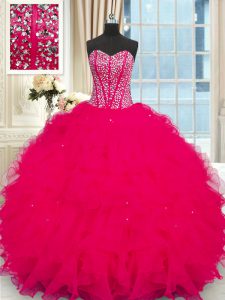 Fancy Coral Red Ball Gowns Beading and Ruffles Quinceanera Gown Lace Up Organza Sleeveless Floor Length