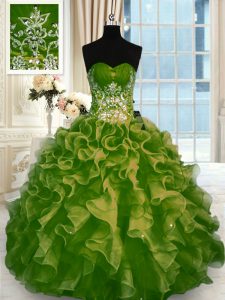 Inexpensive Beading and Ruffles 15th Birthday Dress Olive Green Lace Up Sleeveless Floor Length