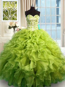 Fabulous Olive Green Organza Lace Up Ball Gown Prom Dress Sleeveless Floor Length Beading and Ruffles