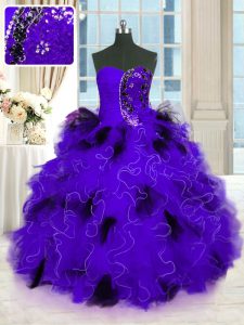 Fitting Floor Length Black And Purple Quinceanera Gown Strapless Sleeveless Lace Up