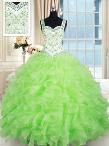 Straps Sleeveless Organza Quince Ball Gowns Beading and Ruffles Lace Up