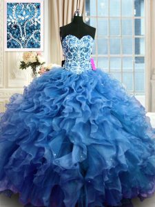 Sophisticated Floor Length Lace Up Quince Ball Gowns Blue for Military Ball and Sweet 16 and Quinceanera with Beading and Ruffles