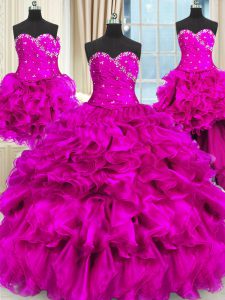 Best Four Piece Fuchsia Organza Lace Up Ball Gown Prom Dress Sleeveless Floor Length Beading and Ruffles and Ruching