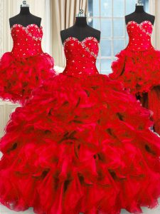 Four Piece Beading and Ruffles and Ruching Quinceanera Gowns Red Lace Up Sleeveless Floor Length