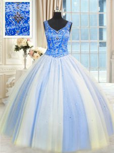 Fabulous Blue And White Ball Gowns Beading and Sequins Quinceanera Dresses Lace Up Tulle Sleeveless Floor Length