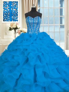 Blue Lace Up 15th Birthday Dress Beading and Ruffles Sleeveless With Brush Train