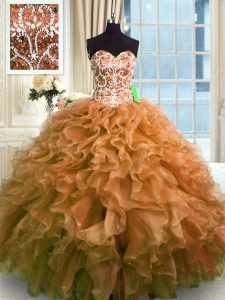 Vintage Sleeveless Organza Floor Length Lace Up Quinceanera Gown in Brown with Beading and Ruffles