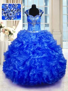 Organza Cap Sleeves Floor Length Quince Ball Gowns and Beading and Ruffles