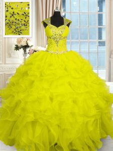 Fabulous Yellow Ball Gowns Organza Straps Cap Sleeves Beading and Ruffles Floor Length Lace Up Sweet 16 Dresses