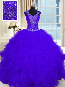 Straps Cap Sleeves 15 Quinceanera Dress Floor Length Beading and Ruffles Purple Organza