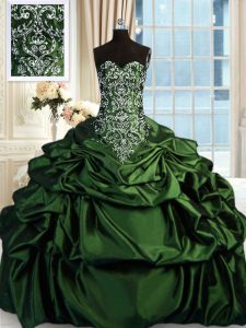 Artistic Dark Green Ball Gowns Beading and Embroidery and Pick Ups Quinceanera Gowns Zipper Taffeta Sleeveless Floor Length