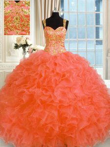 Traditional Floor Length Orange Red Quinceanera Gowns Straps Sleeveless Lace Up