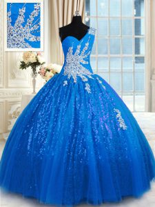 Ball Gowns Quince Ball Gowns Blue One Shoulder Tulle and Sequined Sleeveless Floor Length Lace Up
