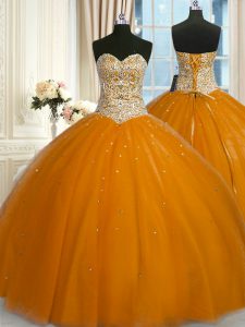 Beading and Sequins Sweet 16 Quinceanera Dress Rust Red Lace Up Sleeveless Floor Length