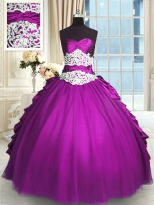 Eggplant Purple Ball Gowns Taffeta and Tulle Sweetheart Sleeveless Beading and Lace and Ruching and Pick Ups Floor Length Lace Up 15 Quinceanera Dress