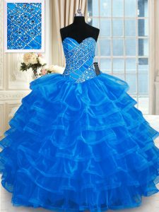 Blue Sweet 16 Dress Military Ball and Sweet 16 and Quinceanera and For with Beading and Ruffled Layers Sweetheart Sleeveless Lace Up