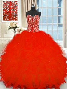 Most Popular Red Strapless Neckline Beading and Ruffles Quince Ball Gowns Sleeveless Lace Up