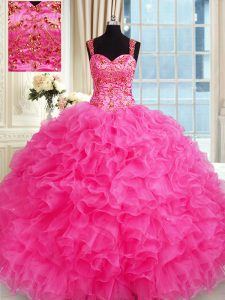 Admirable Hot Pink Sweet 16 Dress Military Ball and Sweet 16 and Quinceanera and For with Embroidery and Ruffles Straps Sleeveless Lace Up