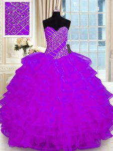 Colorful Purple Sweetheart Lace Up Beading and Ruffled Layers Ball Gown Prom Dress Sleeveless