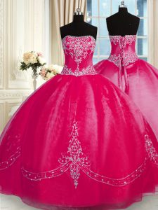Coral Red Sleeveless Beading and Embroidery Floor Length Quinceanera Gowns