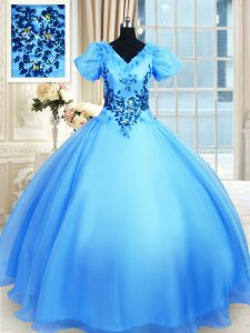Clearance Organza V-neck Short Sleeves Lace Up Appliques Quinceanera Dress in Baby Blue
