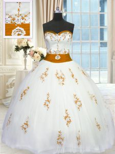 Floor Length Lace Up Quinceanera Gown White for Military Ball and Sweet 16 and Quinceanera with Appliques and Belt