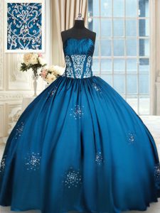 Delicate Blue and Teal Strapless Neckline Beading and Appliques and Ruching Sweet 16 Quinceanera Dress Sleeveless Lace Up