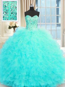 Custom Made Aqua Blue Sleeveless Tulle Lace Up Quinceanera Gowns for Military Ball and Sweet 16 and Quinceanera