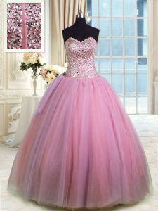 Rose Pink Ball Gowns Beading and Ruching Sweet 16 Dresses Lace Up Organza Sleeveless Floor Length