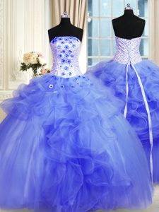 Affordable Blue Strapless Lace Up Pick Ups and Hand Made Flower Quinceanera Dresses Sleeveless