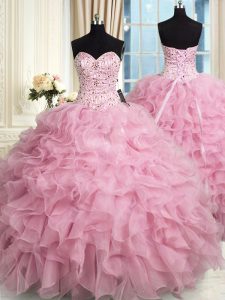 Glorious Rose Pink Sleeveless Beading and Ruffles Floor Length Vestidos de Quinceanera